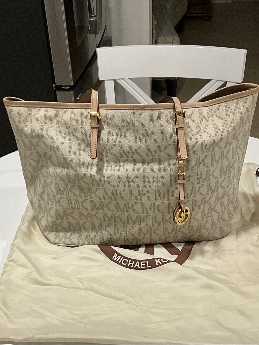 Michael Kors Neutral Beige MK Logo Tote with Gold Charm